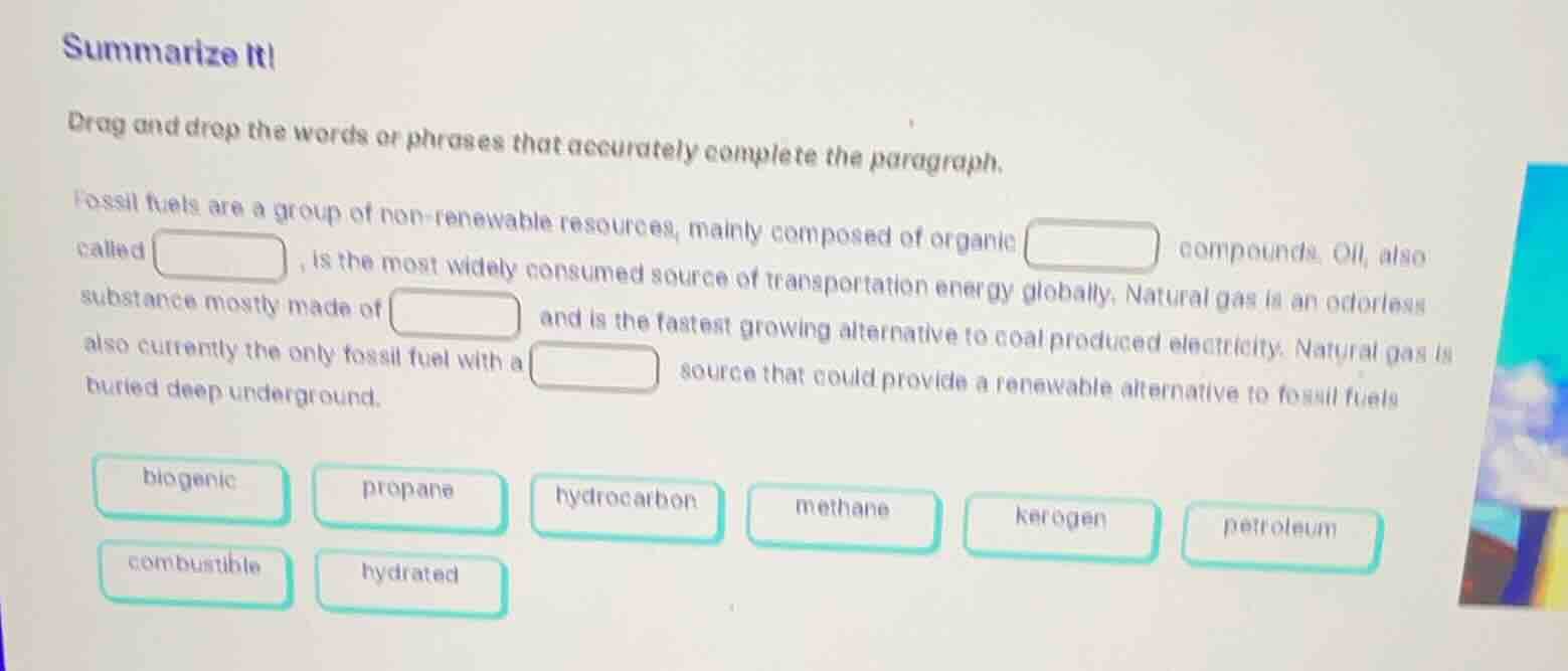 summarize it! drag and drop the words or phrases that accurately comple…