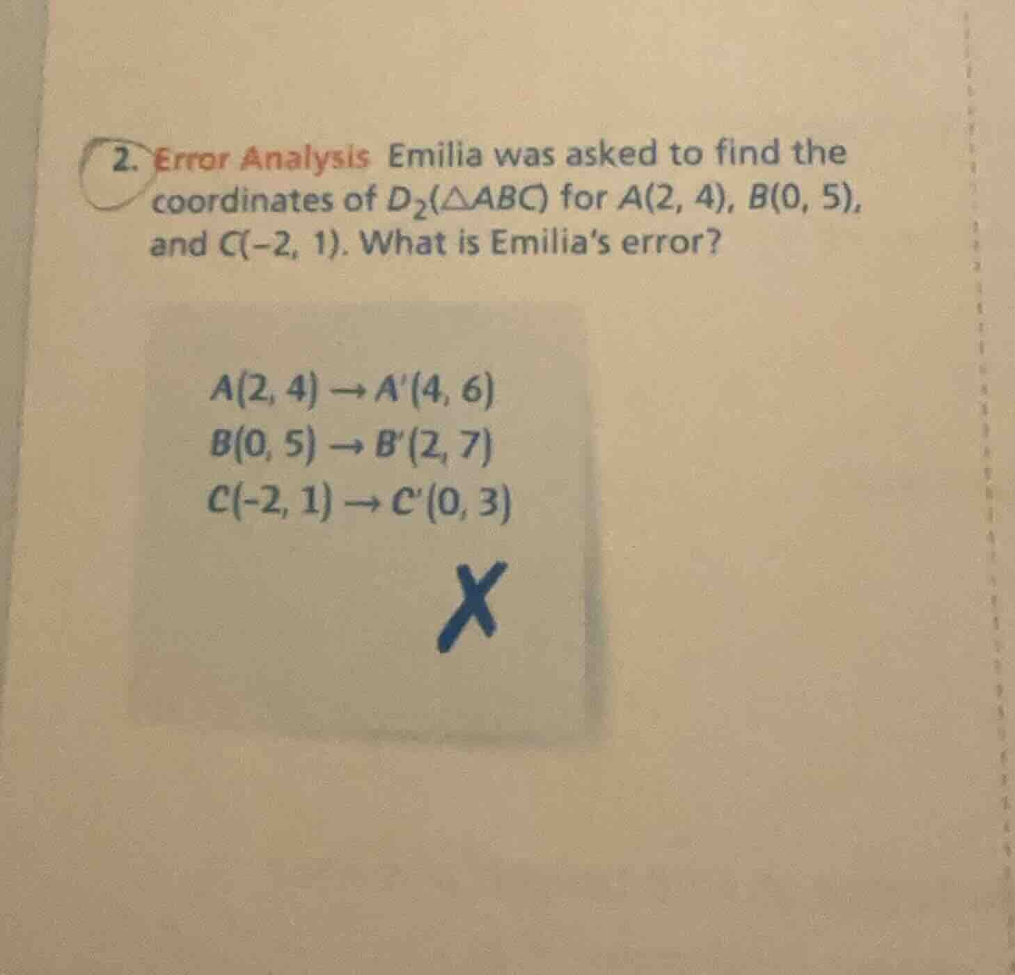 2. error analysis emilia was asked to find the coordinates of $d_2(\\tr…