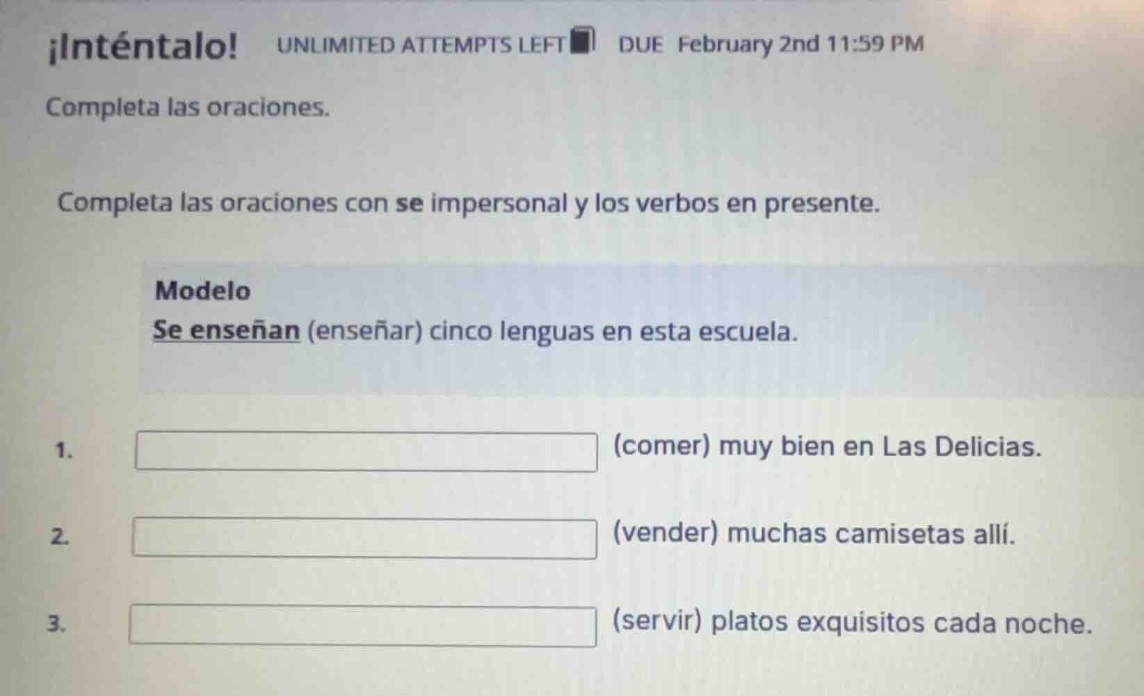¡inténtalo! unlimited attempts left due february 2nd 11:59 pm completa …