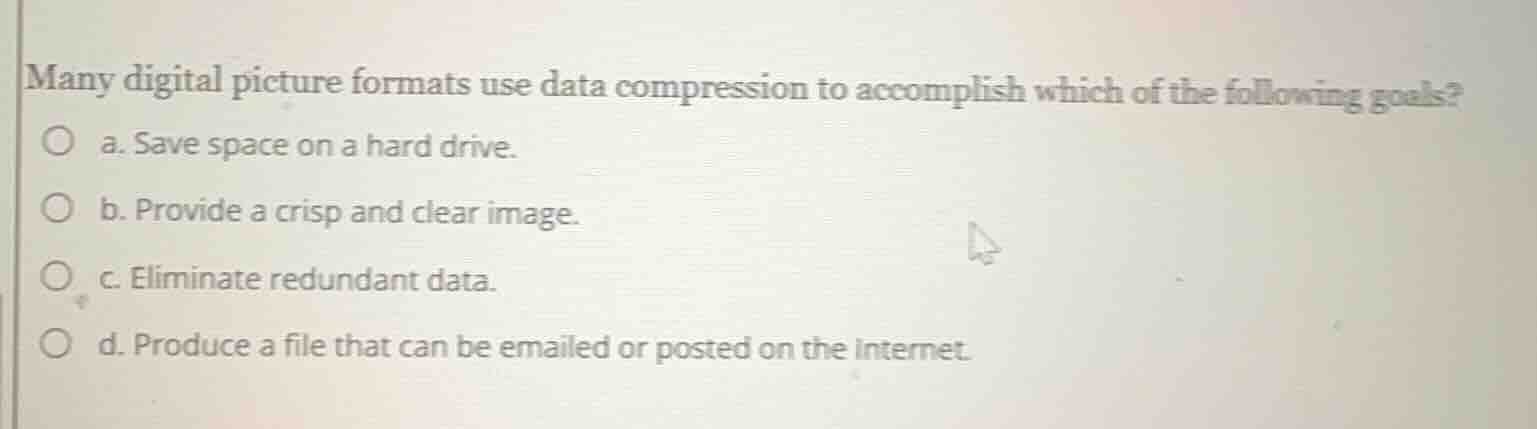 many digital picture formats use data compression to accomplish which o…