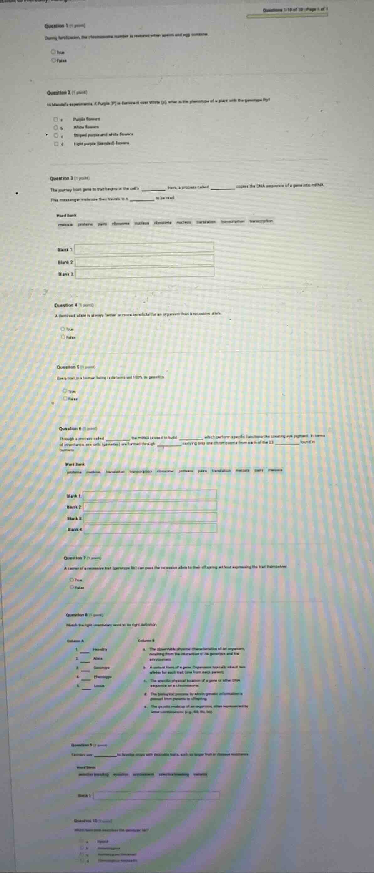 question 2 (1 point) in mendels experiments, purple (p) is dominant ove…
