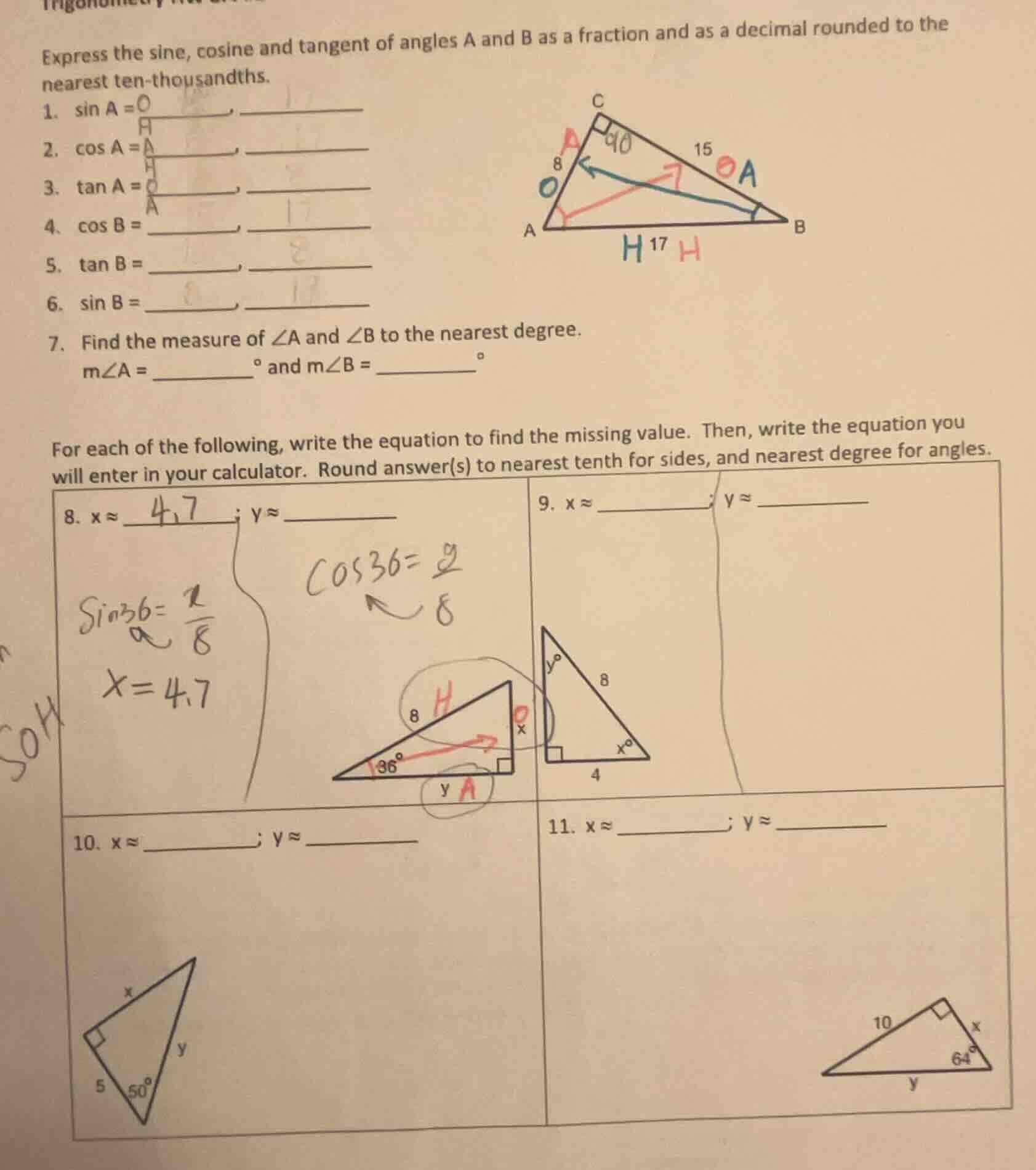 express the sine, cosine and tangent of angles a and b as a fraction an…