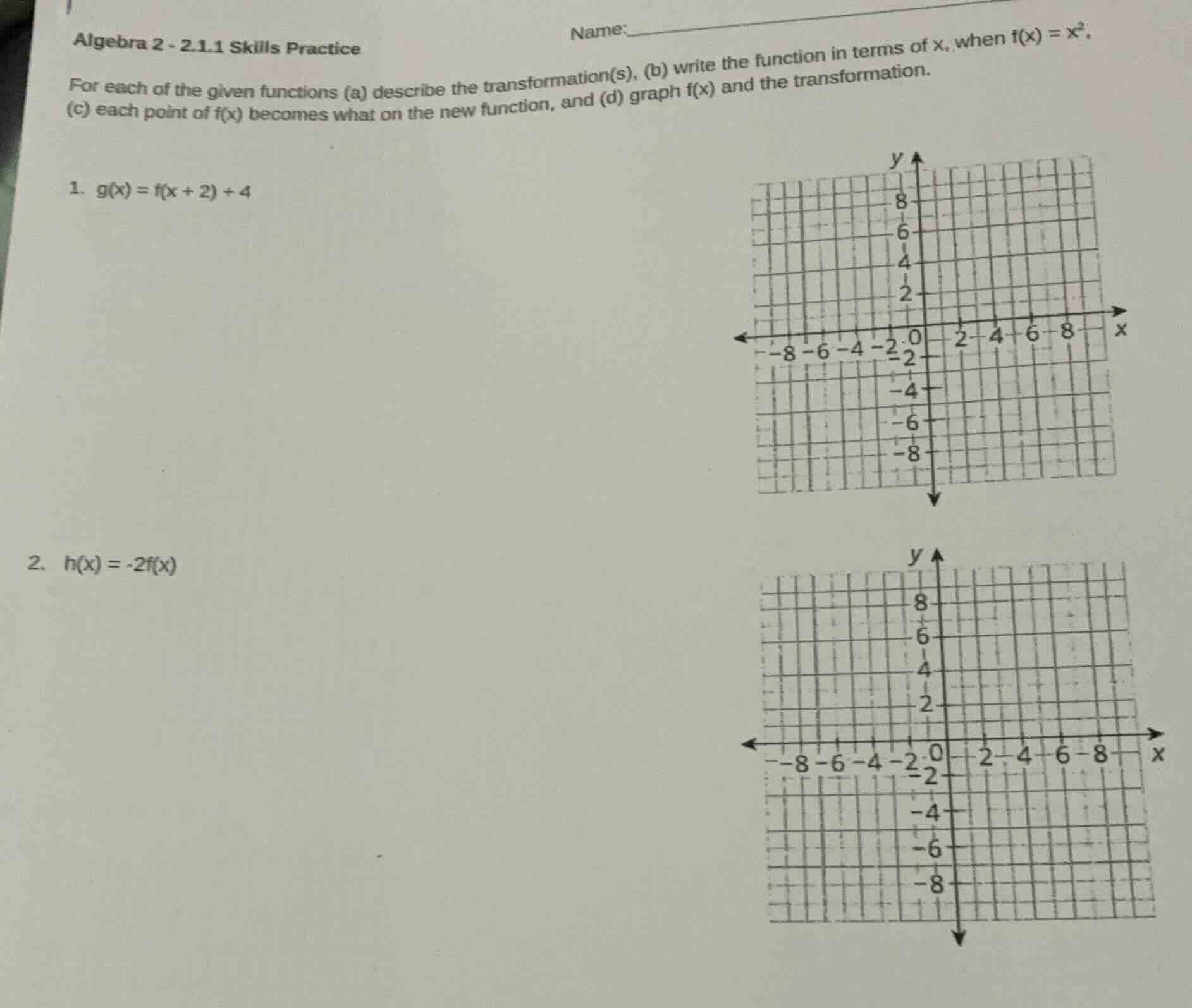 algebra 2 - 2.1.1 skills practice name: for each of the given functions…