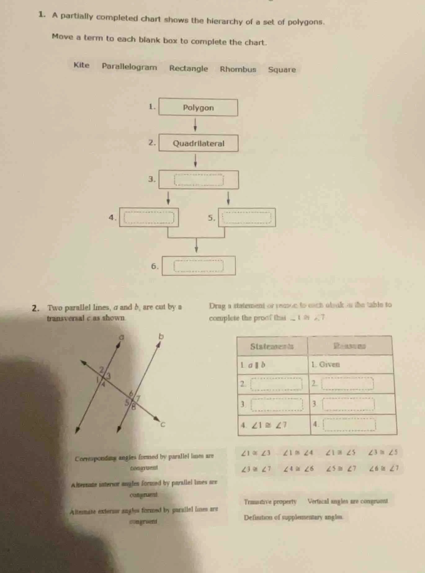 1. a partially completed chart shows the hierarchy of a set of polygons…