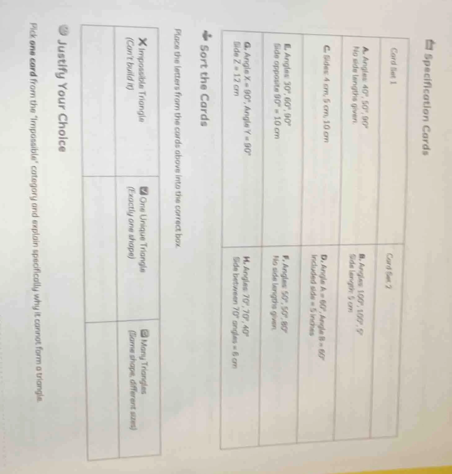specification cards card set 1 a. angles 40°, 50°, 90° no side lengths …