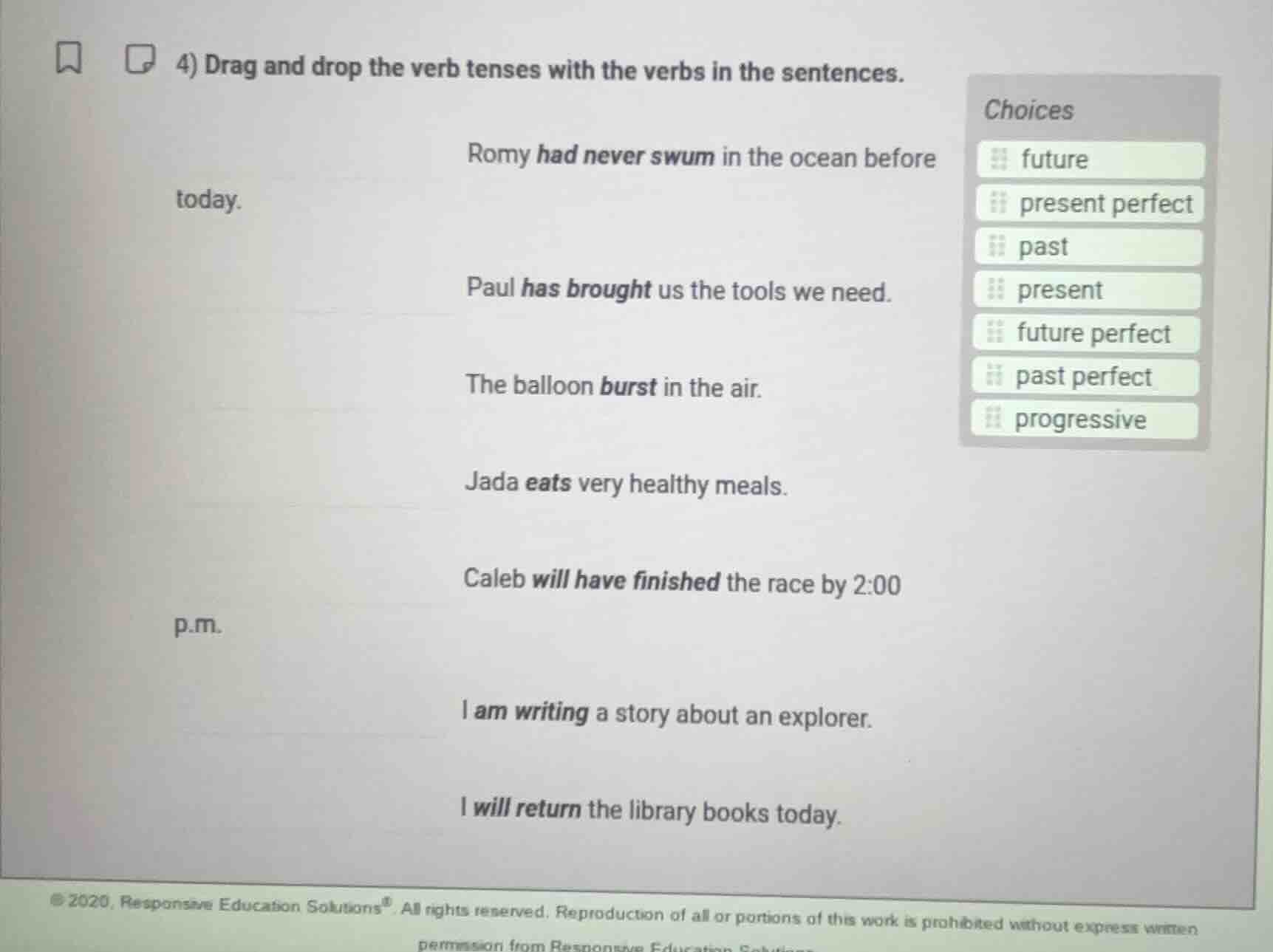 4) drag and drop the verb tenses with the verbs in the sentences. romy …