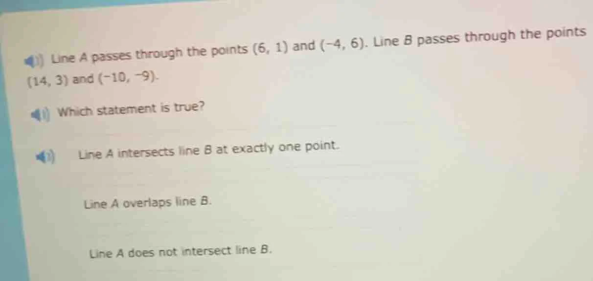line a passes through the points (6, 1) and (-4, 6). line b passes thro…