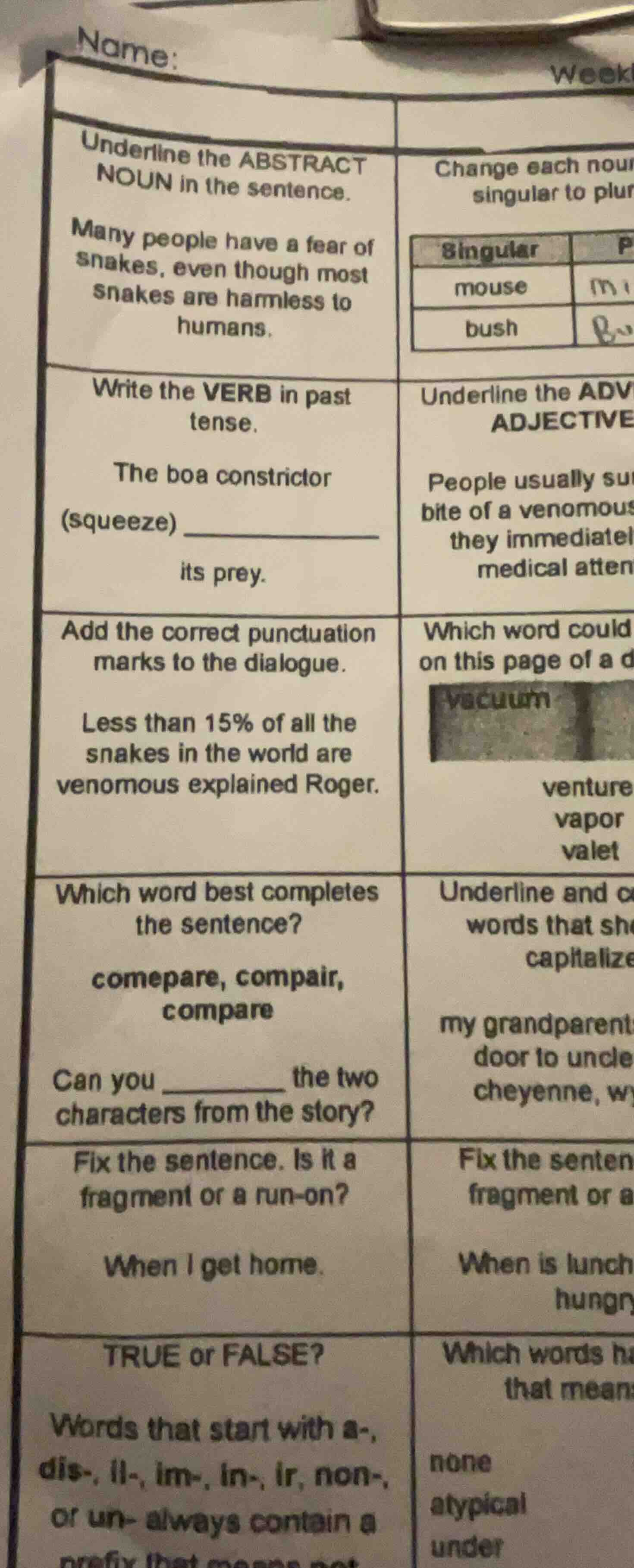 name: week underline the abstract noun in the sentence. many people hav…