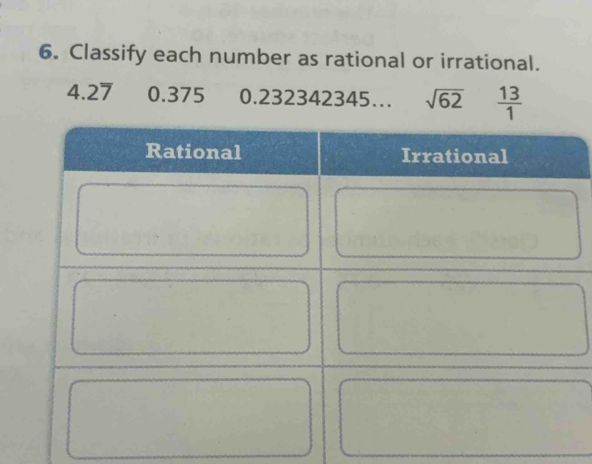 6. classify each number as rational or irrational. $4.2\\overline{7}$ $…