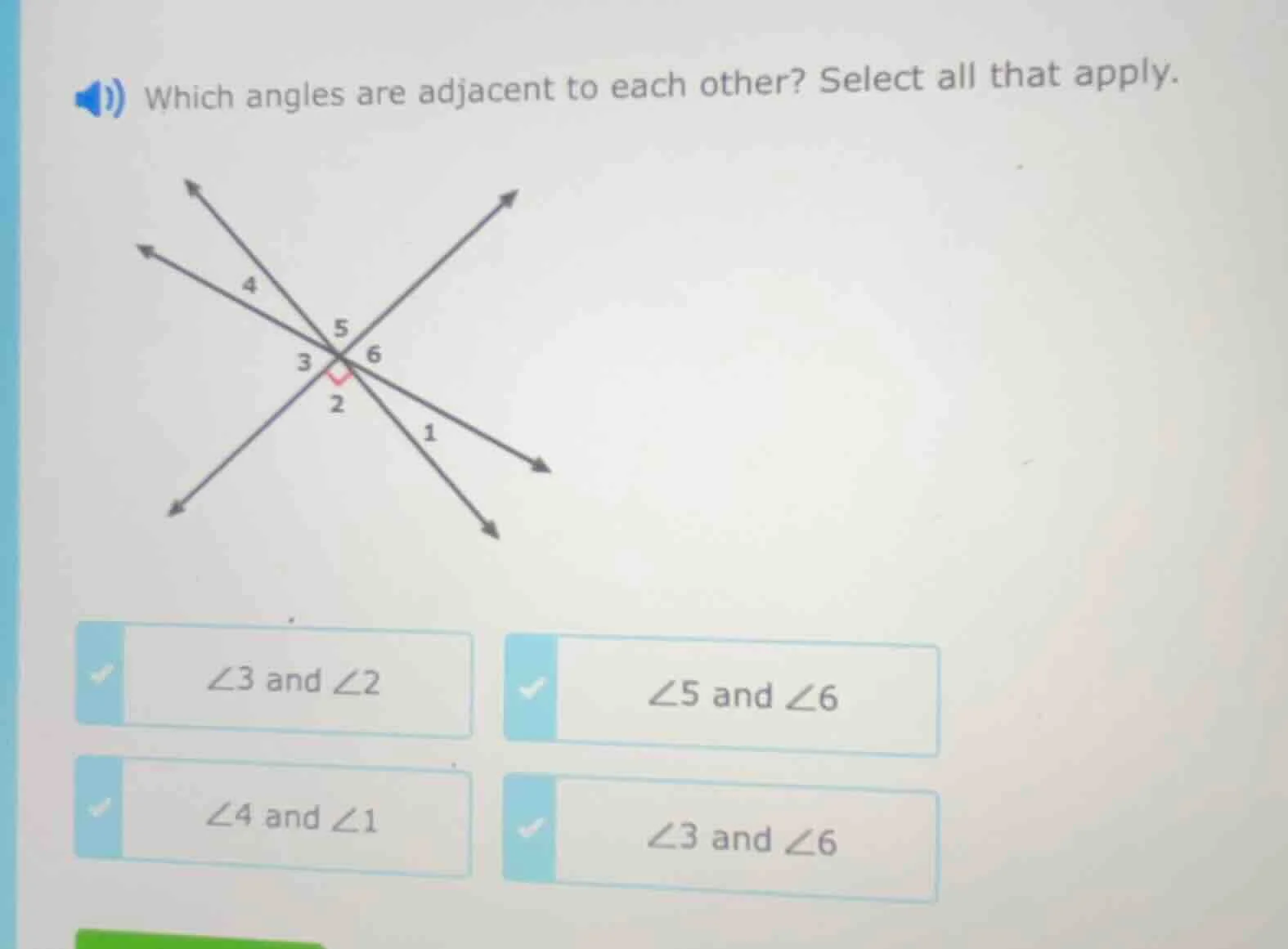 which angles are adjacent to each other? select all that apply. ∠3 and …