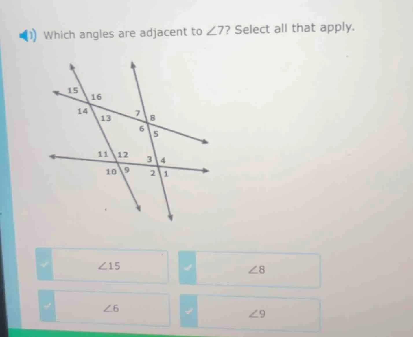which angles are adjacent to $\\angle 7$? select all that apply.