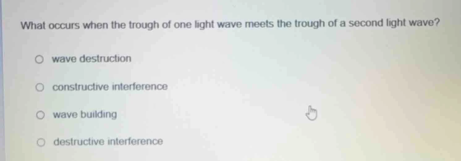 what occurs when the trough of one light wave meets the trough of a sec…