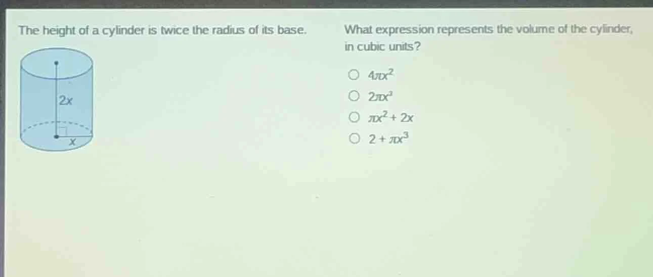 the height of a cylinder is twice the radius of its base. what expressi…