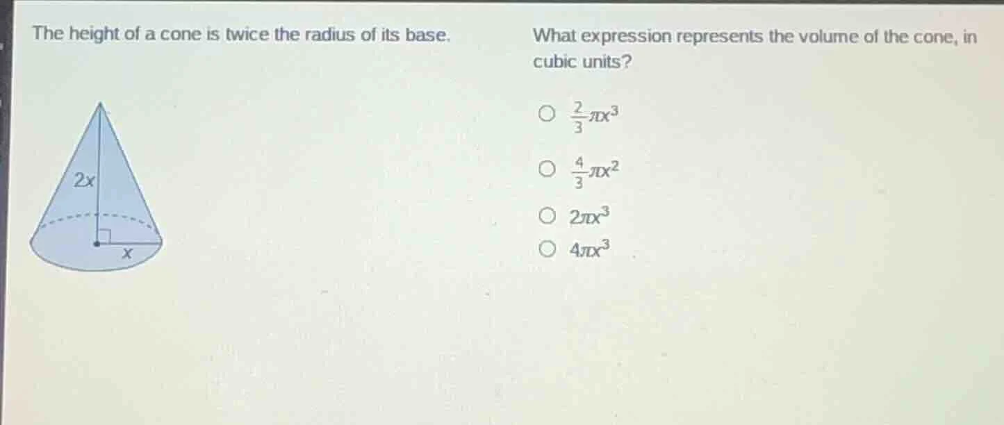 the height of a cone is twice the radius of its base. what expression r…