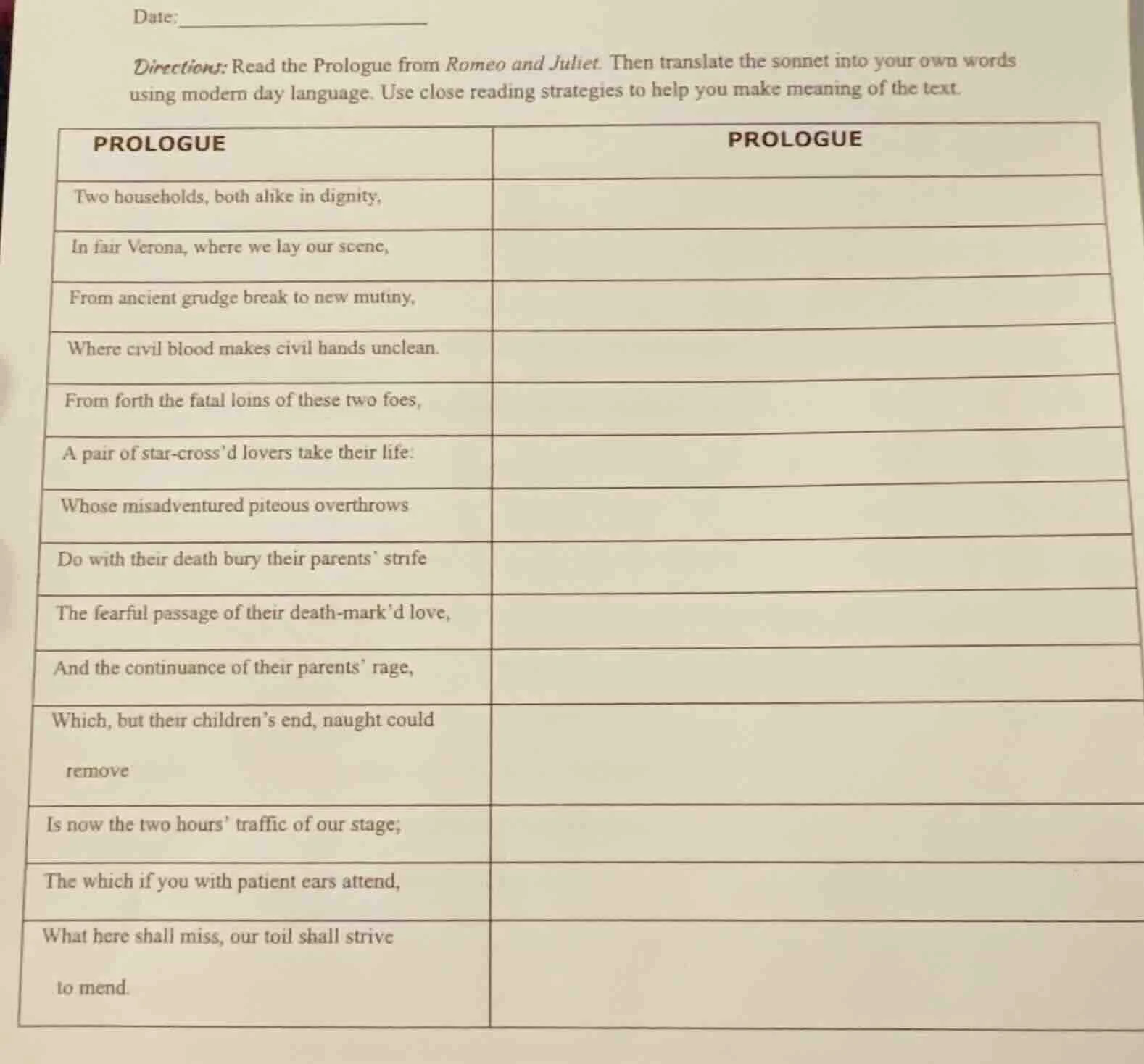 date: directions: read the prologue from romeo and juliet. then transla…