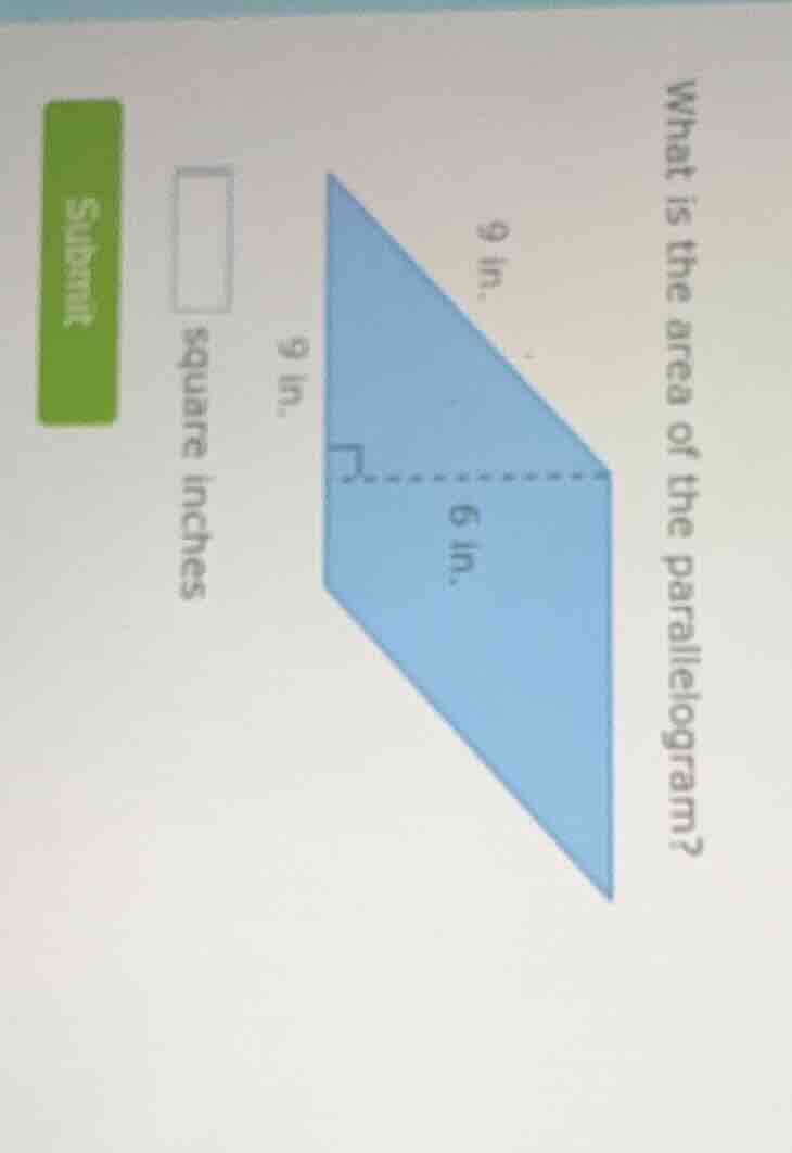 what is the area of the parallelogram? 9 in. 9 in. 6 in. square inches …