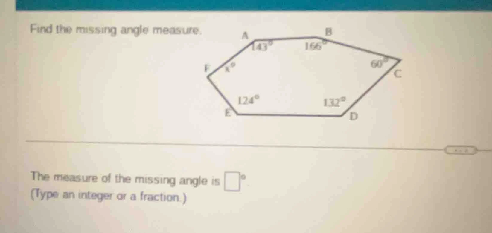 find the missing angle measure. the measure of the missing angle is \\(…