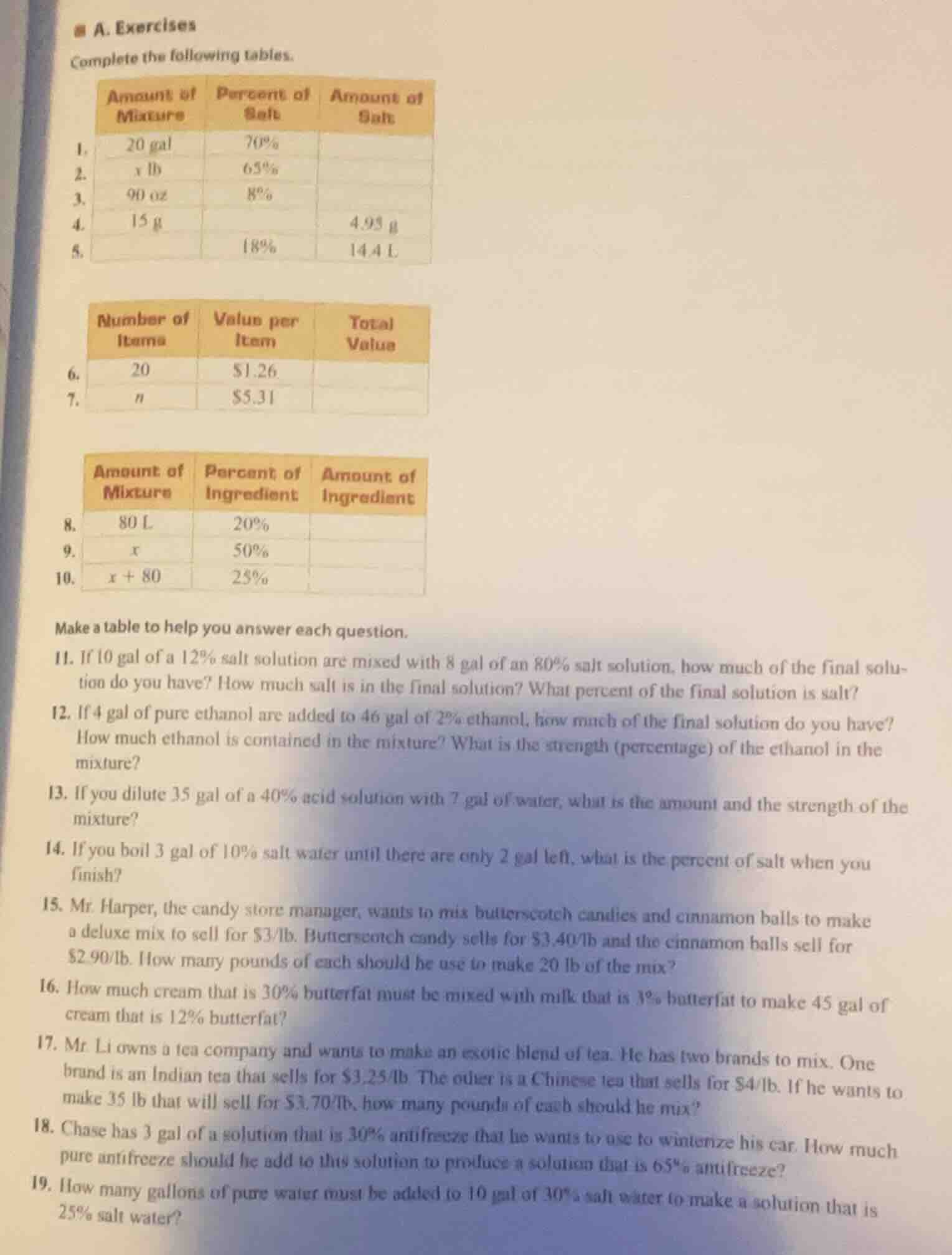 a. exercises complete the following tables. | | amount of mixture | per…