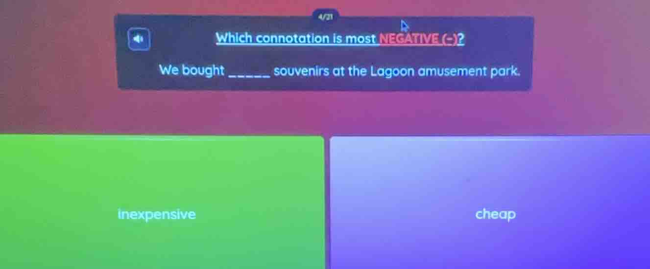 which connotation is most negative (-)? we bought ____ souvenirs at the…