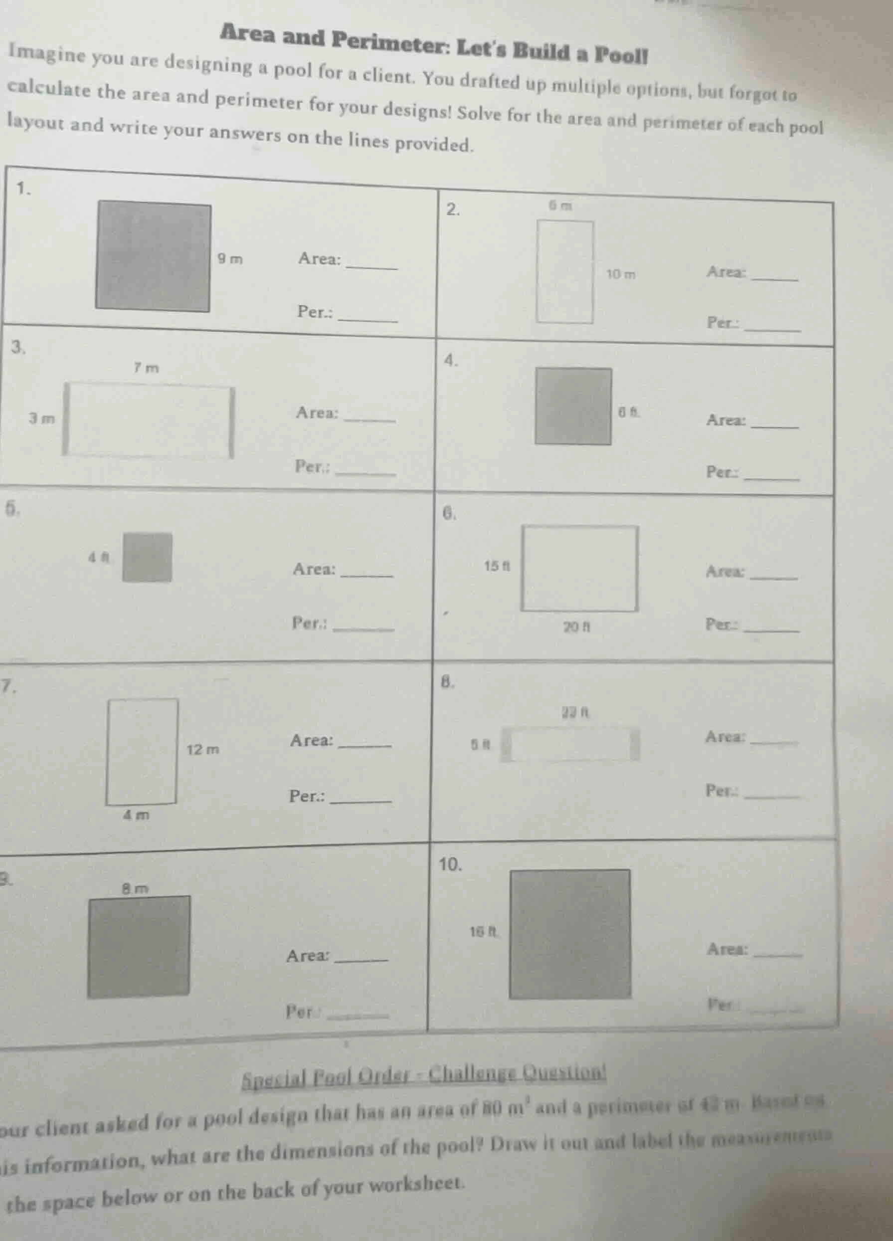 area and perimeter: let’s build a pool! imagine you are designing a poo…