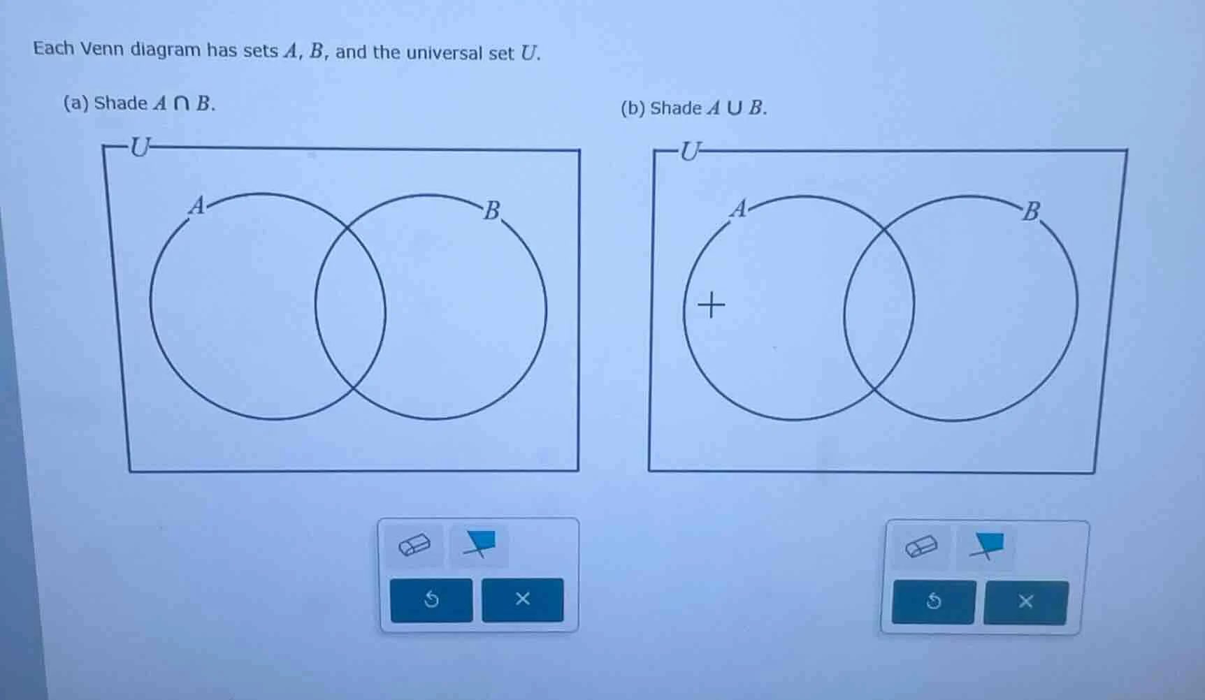 each venn diagram has sets a, b, and the universal set u. (a) shade ( a…
