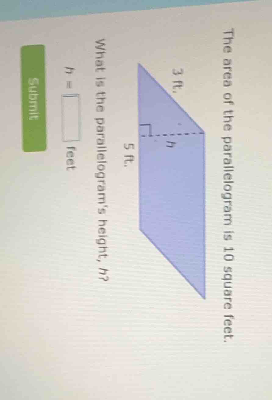 the area of the parallelogram is 10 square feet. what is the parallelog…