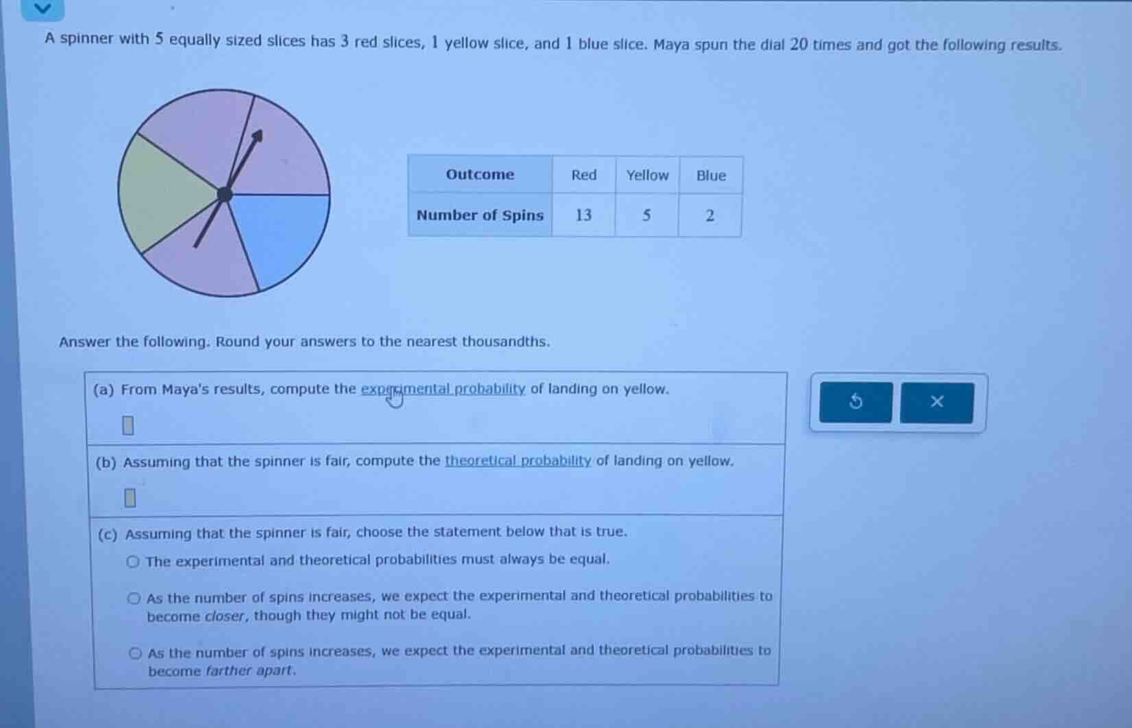 a spinner with 5 equally sized slices has 3 red slices, 1 yellow slice,…