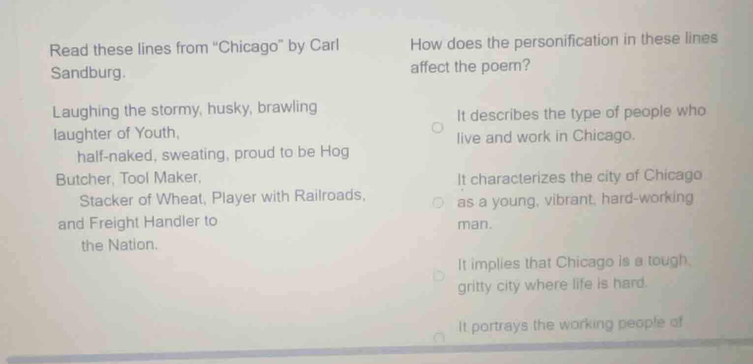 read these lines from \chicago\ by carl sandburg. laughing the stormy, …