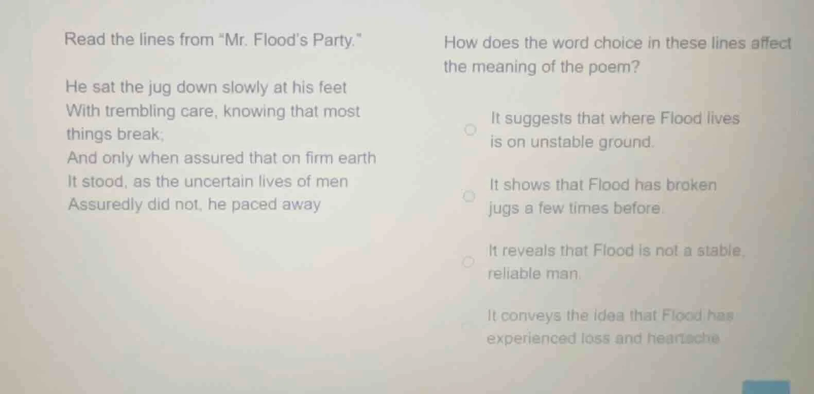 read the lines from \mr. floods party.\ he sat the jug down slowly at h…