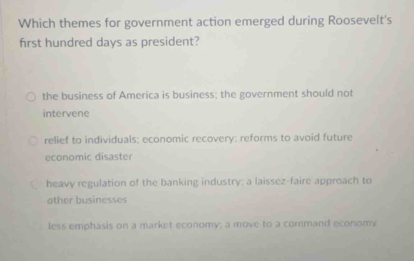 which themes for government action emerged during roosevelts first hund…