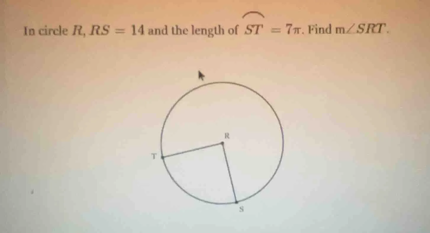in circle r, rs = 14 and the length of \\(\\overarc{st}\\) = 7\\(\\pi\\…