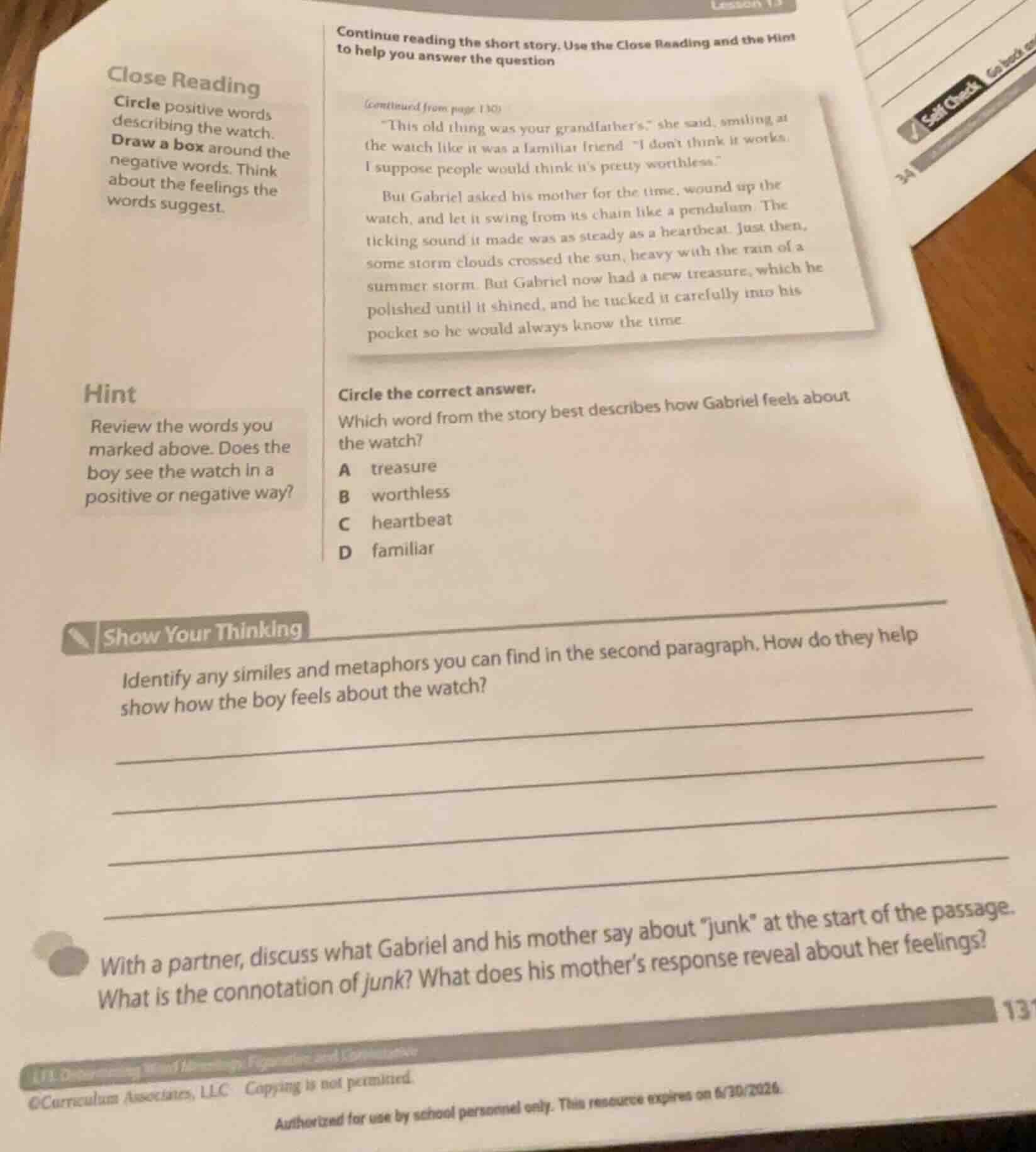 close reading circle positive words describing the watch. draw a box ar…