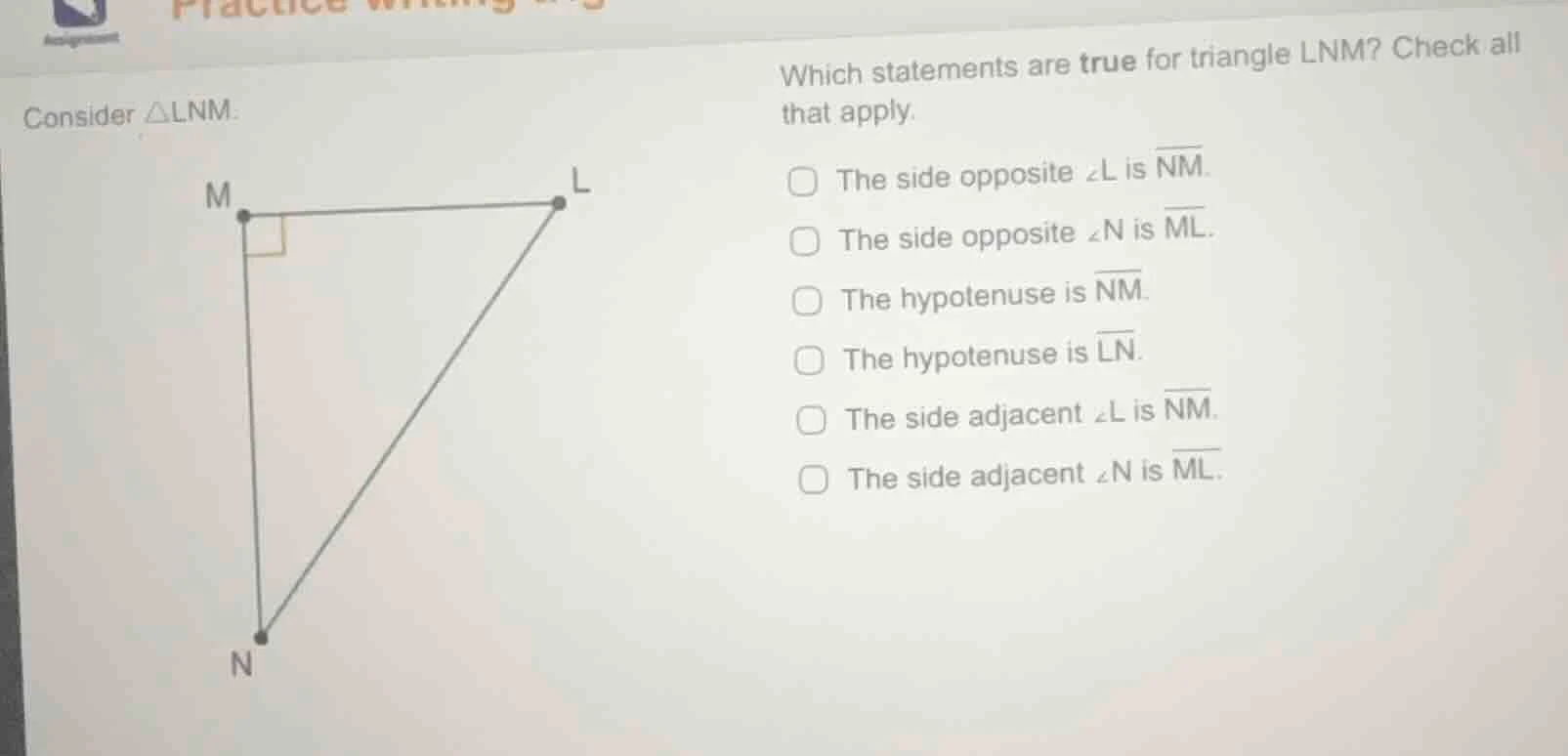 consider $\\triangle$lnm. which statements are true for triangle lnm? c…