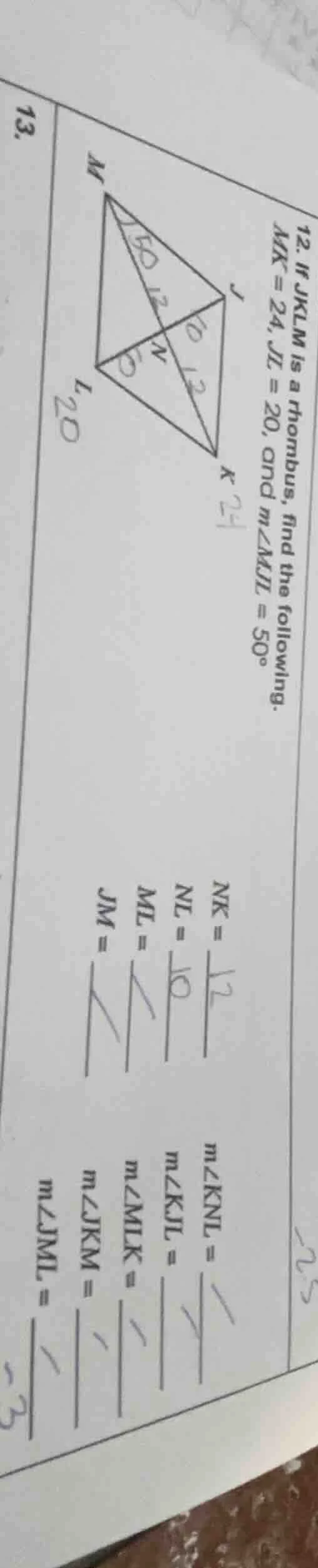 12. if jklm is a rhombus, find the following. mk = 24, jl = 20, and m∠m…