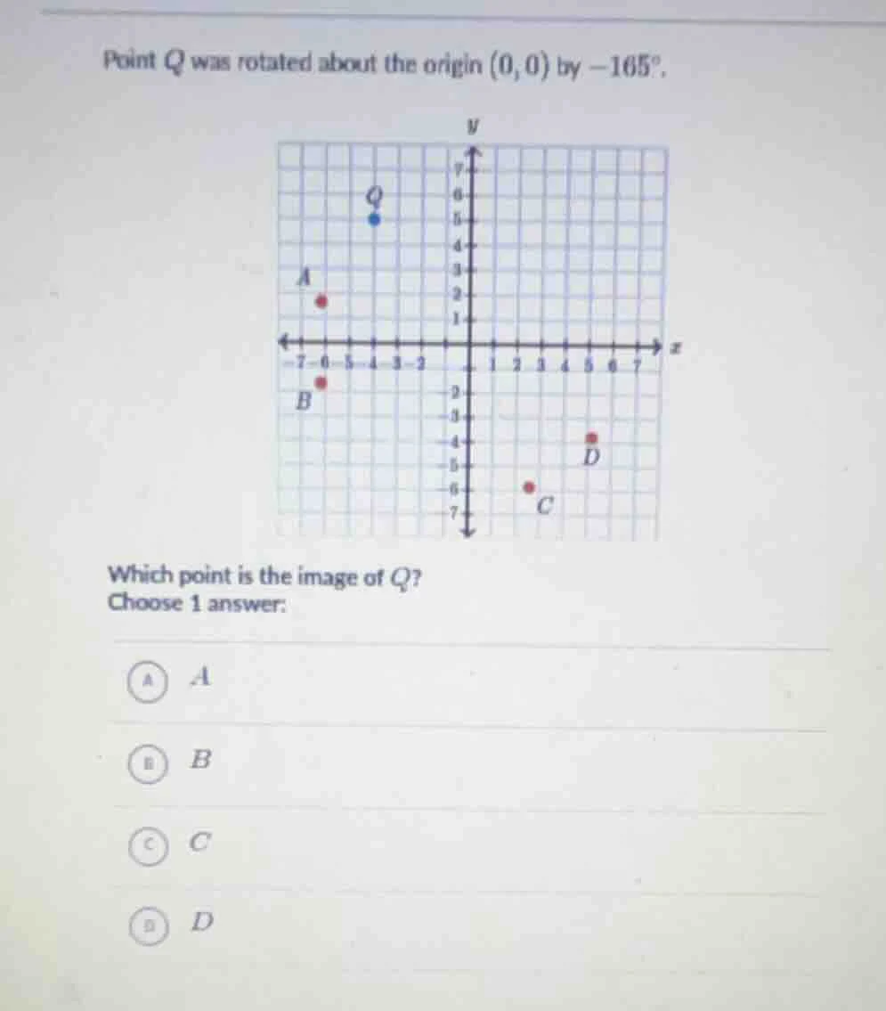 point q was rotated about the origin (0, 0) by -165°. which point is th…