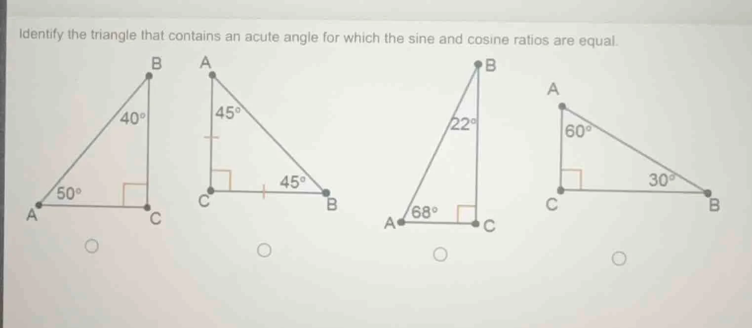 identify the triangle that contains an acute angle for which the sine a…