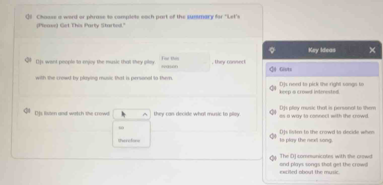 choose a word or phrase to complete each part of the summary for \lets …