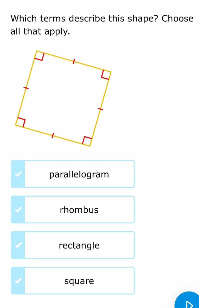 which terms describe this shape? choose all that apply. parallelogram r…
