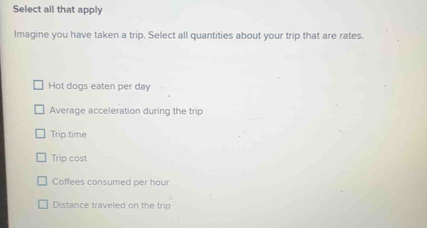 select all that apply imagine you have taken a trip. select all quantit…