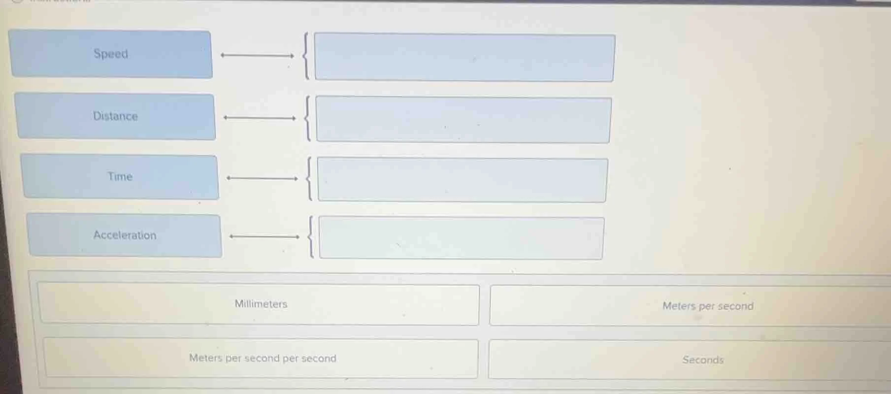 speed distance time acceleration millimeters meters per second meters p…