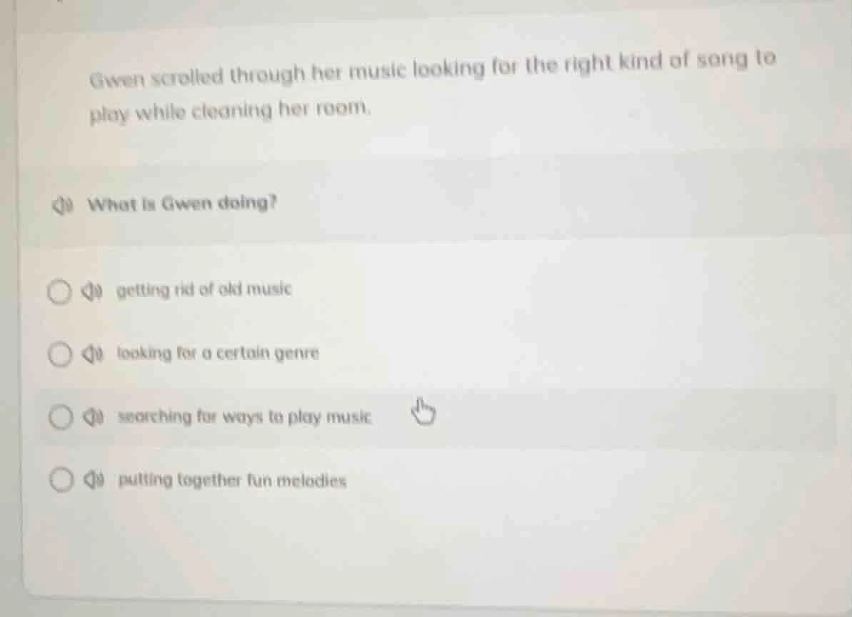gwen scrolled through her music looking for the right kind of song to p…