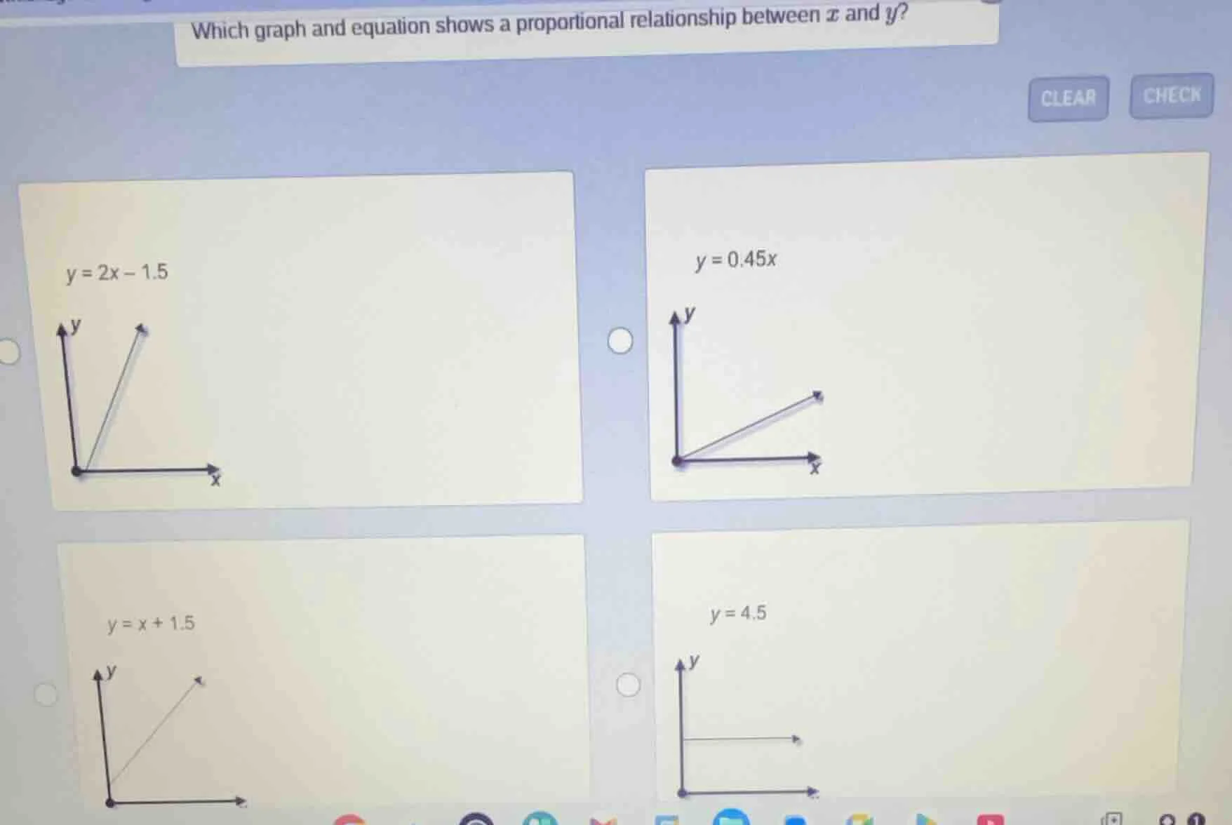 which graph and equation shows a proportional relationship between x an…