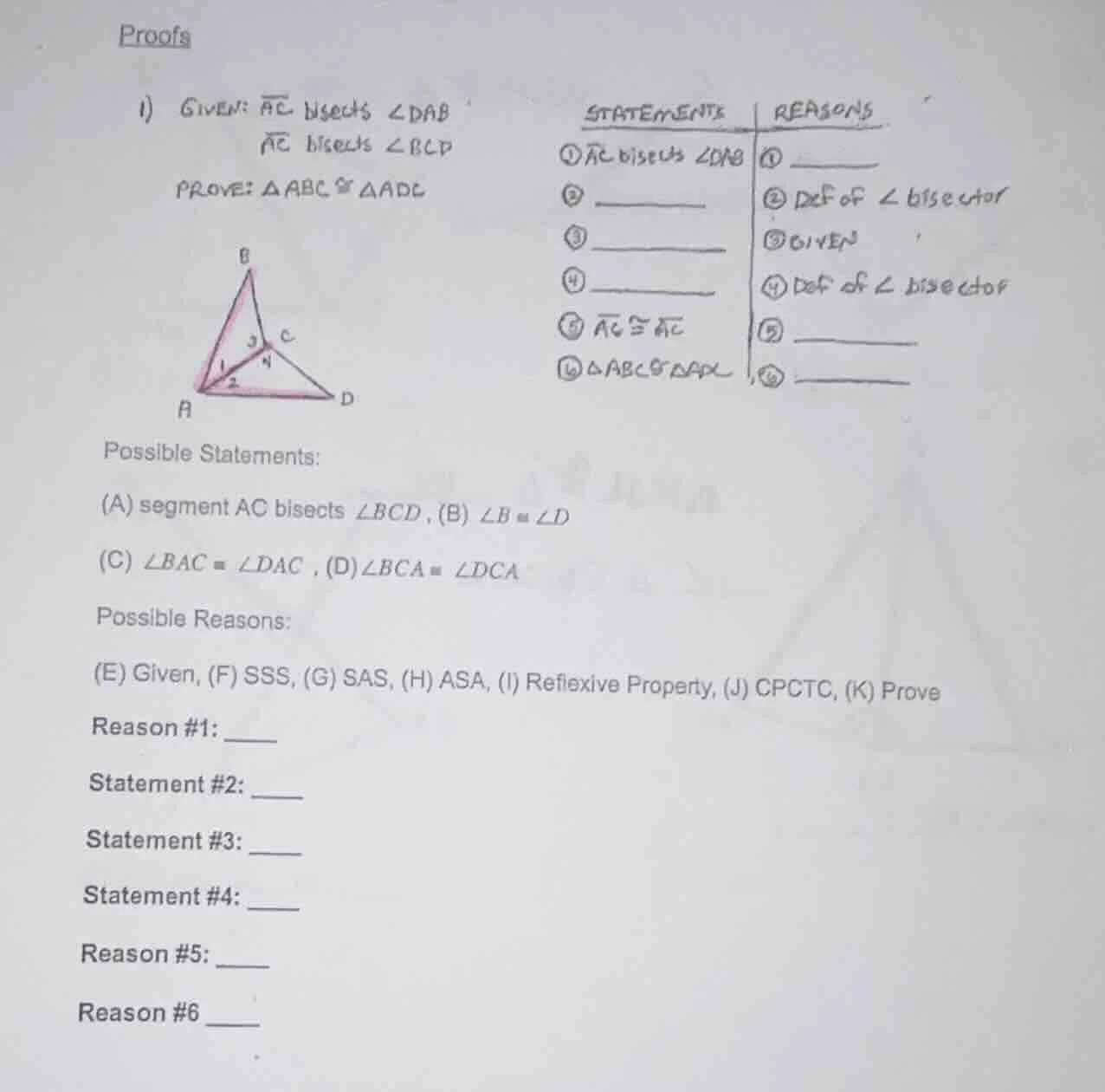 proofs 1) given: $overline{ac}$ bisects $angle dab$ $overline{ac}$ bise…