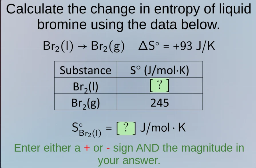 calculate the change in entropy of liquid bromine using the data below.…
