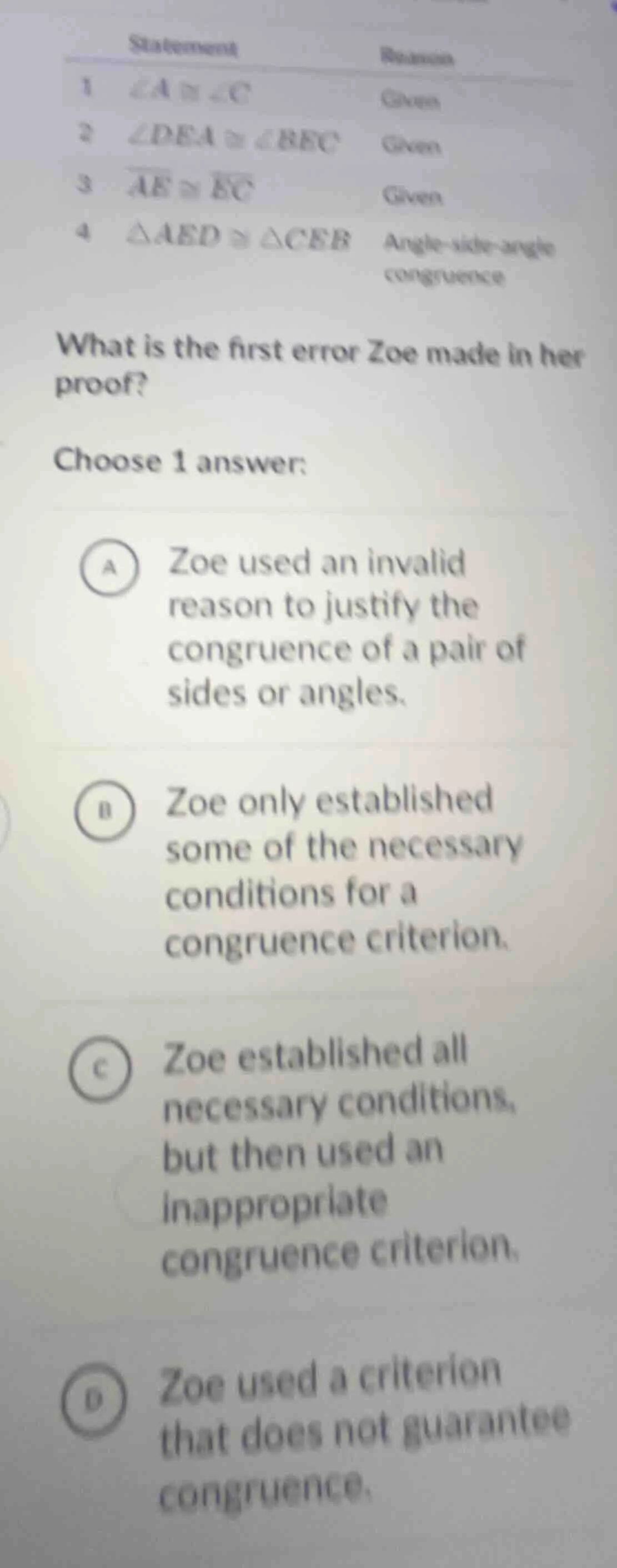 statement reason 1 $\\angle a \\cong \\angle c$ given 2 $\\angle dea \\…