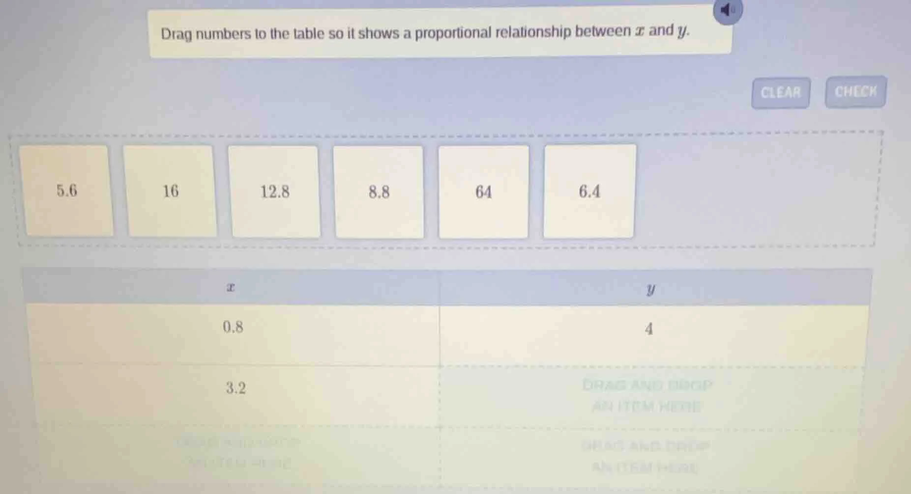 drag numbers to the table so it shows a proportional relationship betwe…