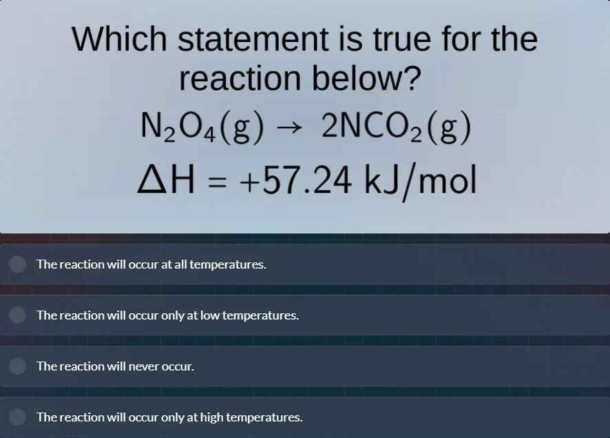 which statement is true for the reaction below?\\(\\ce{n2o4(g) -> 2no2(…