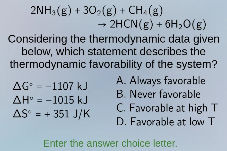 2nh₃(g) + 3o₂(g) + ch₄(g) → 2hcn(g) + 6h₂o(g) considering the thermodyn…