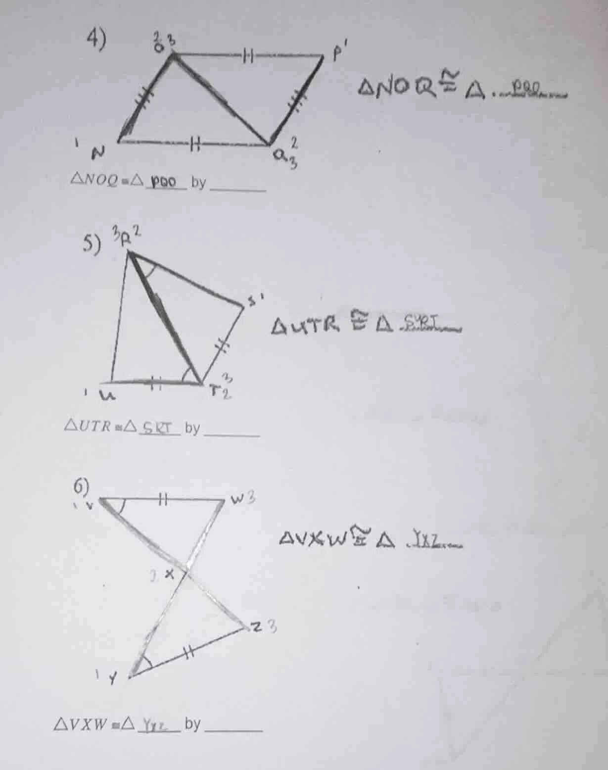 4) $\triangle noq cong \triangle$ ___ by ____ 5) $\triangle utr cong \t…