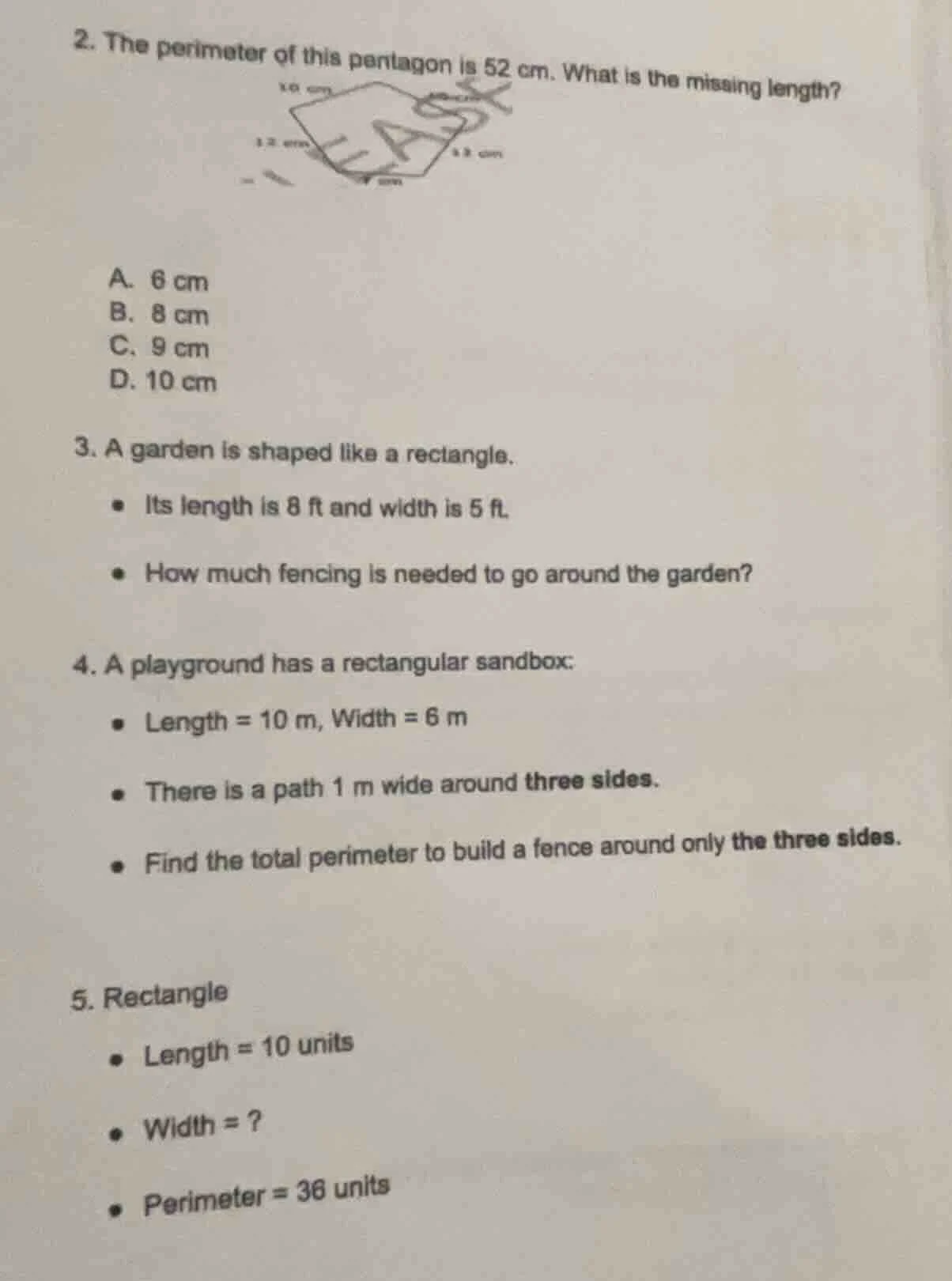 2. the perimeter of this pentagon is 52 cm. what is the missing length?…